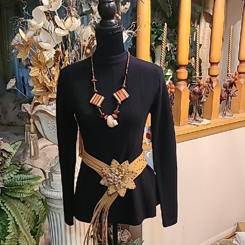 Bronze Faux Suede Studded Tan Colored Floral Accent Belt With Fringe